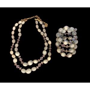 Signed LISNER Vintage‎ Necklace and Bracelet Blue Thermoset Bead Retro Crystal